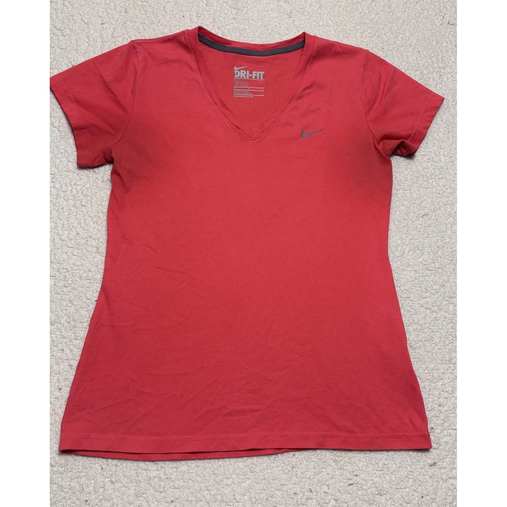 Nike Womens Dri-Fit V-Neck T-Shirt Red Slim Fit Basic Short Sleeve Size M